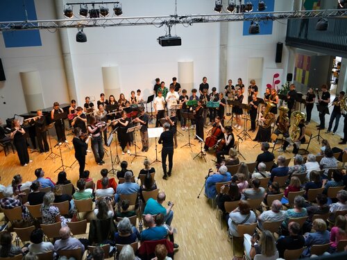 Das große, bunt gemischte Orchester aus Schülern des Musikschulbezirks Coswig spielt zum Sommerkonzert im Gymnasium Coswig vor einem begeisterten Publikum.